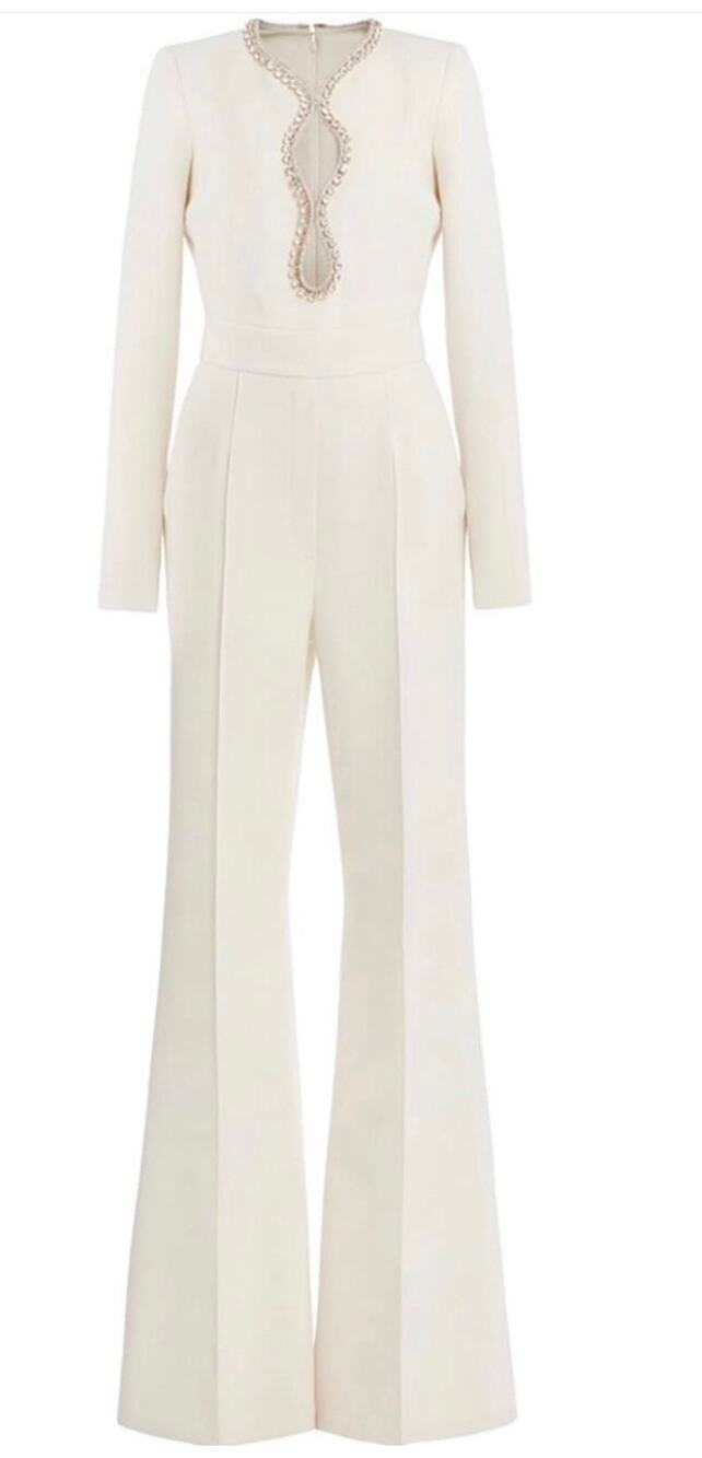 NWT white pantsuit jumpsui with rhinestone details. Size small/4.